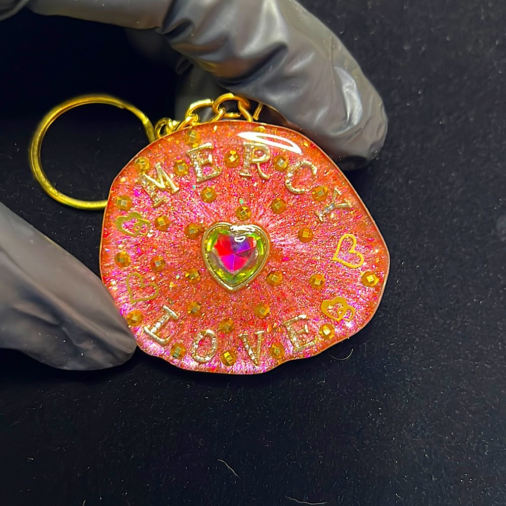 Resin keychain: “Mercy + Love”